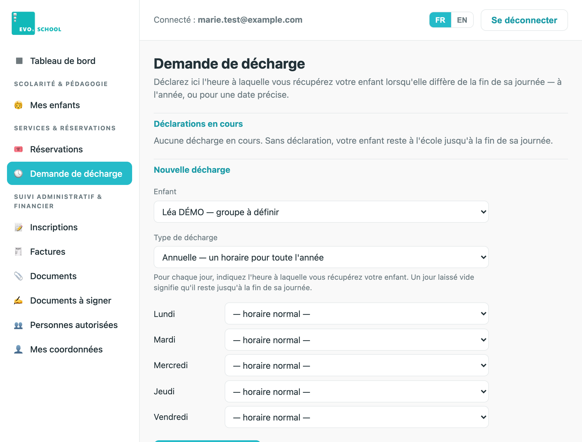 Le formulaire de demande de décharge