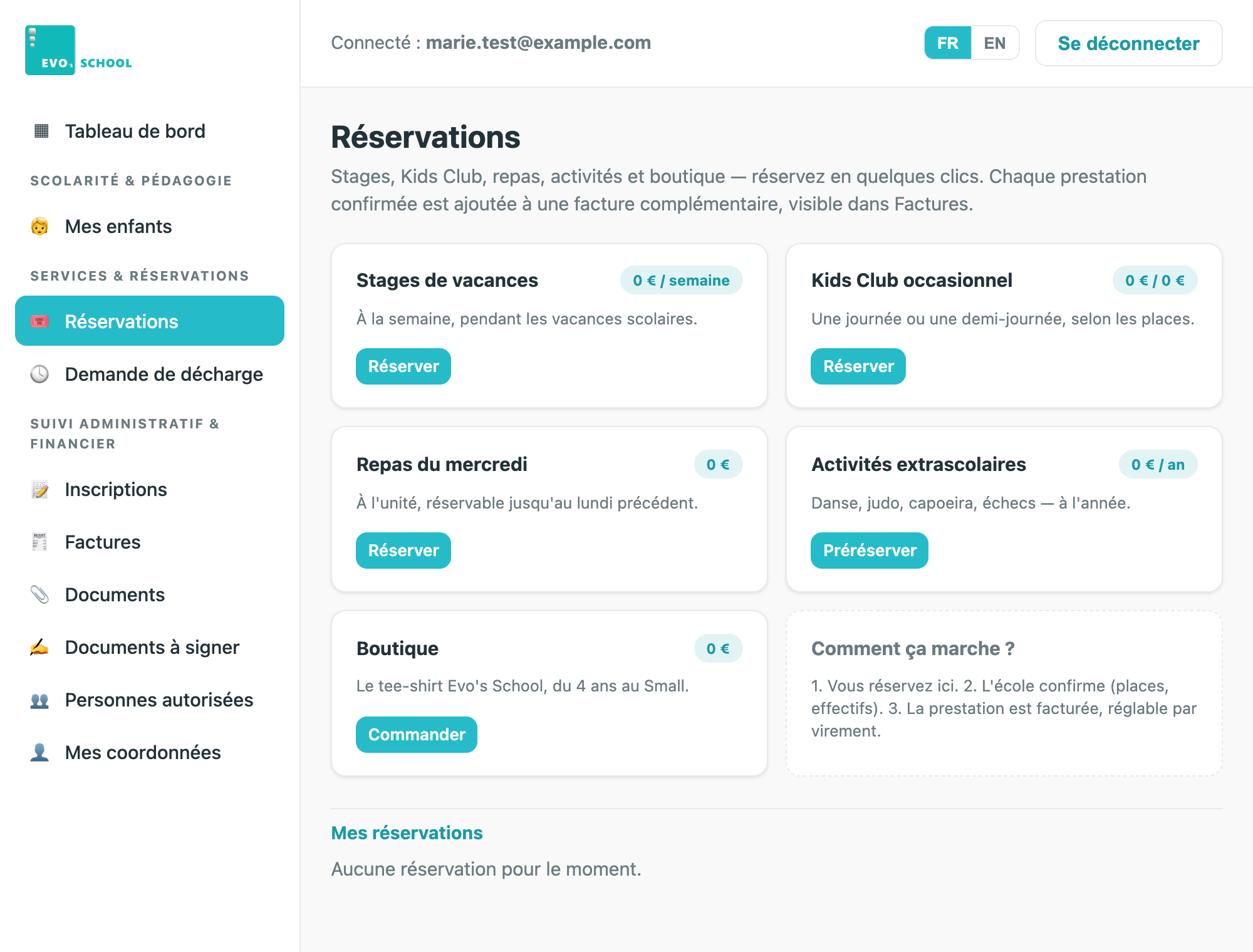 La page Réservations : une carte par service, avec les tarifs